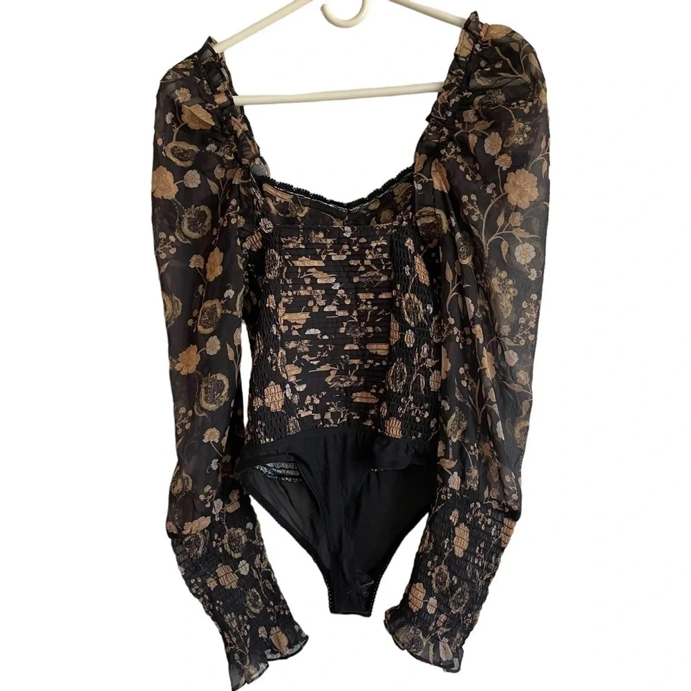 NEW Free People Brunch Date Bodysuit, Black Combo, Size XS